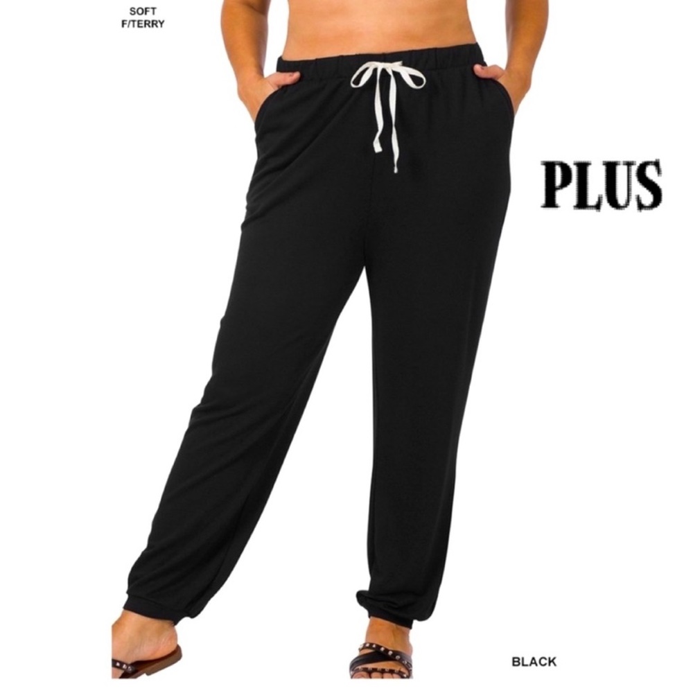 NEW Plus Size BLACK Soft French Terry Drawstring Waist Jogger Pants